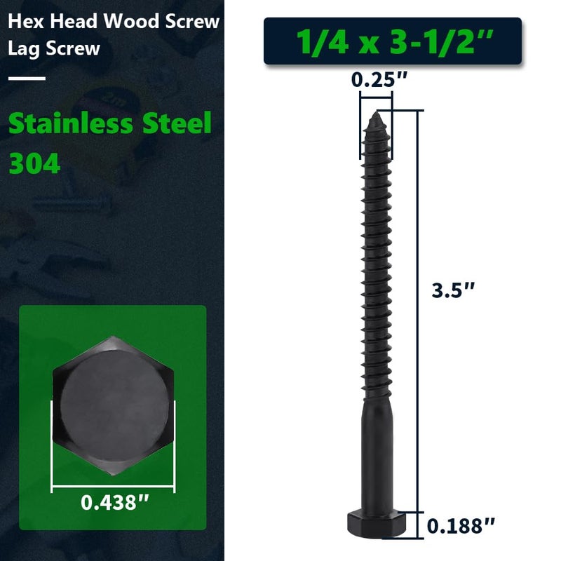 RoyceMart 12-Sets 1/4 x 3-1/2" Black Hex Head Lag Screws & Flat Washers, Heavy Duty Wood Lag Screws, 304 Stainless Steel (18-8), 1/4" Bolt - Image 2